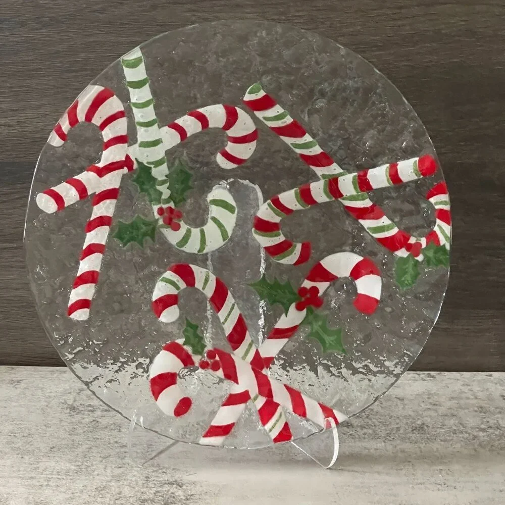 Vintage Anne C Ross Signed Red Green Candy Canes Fused Glass 10